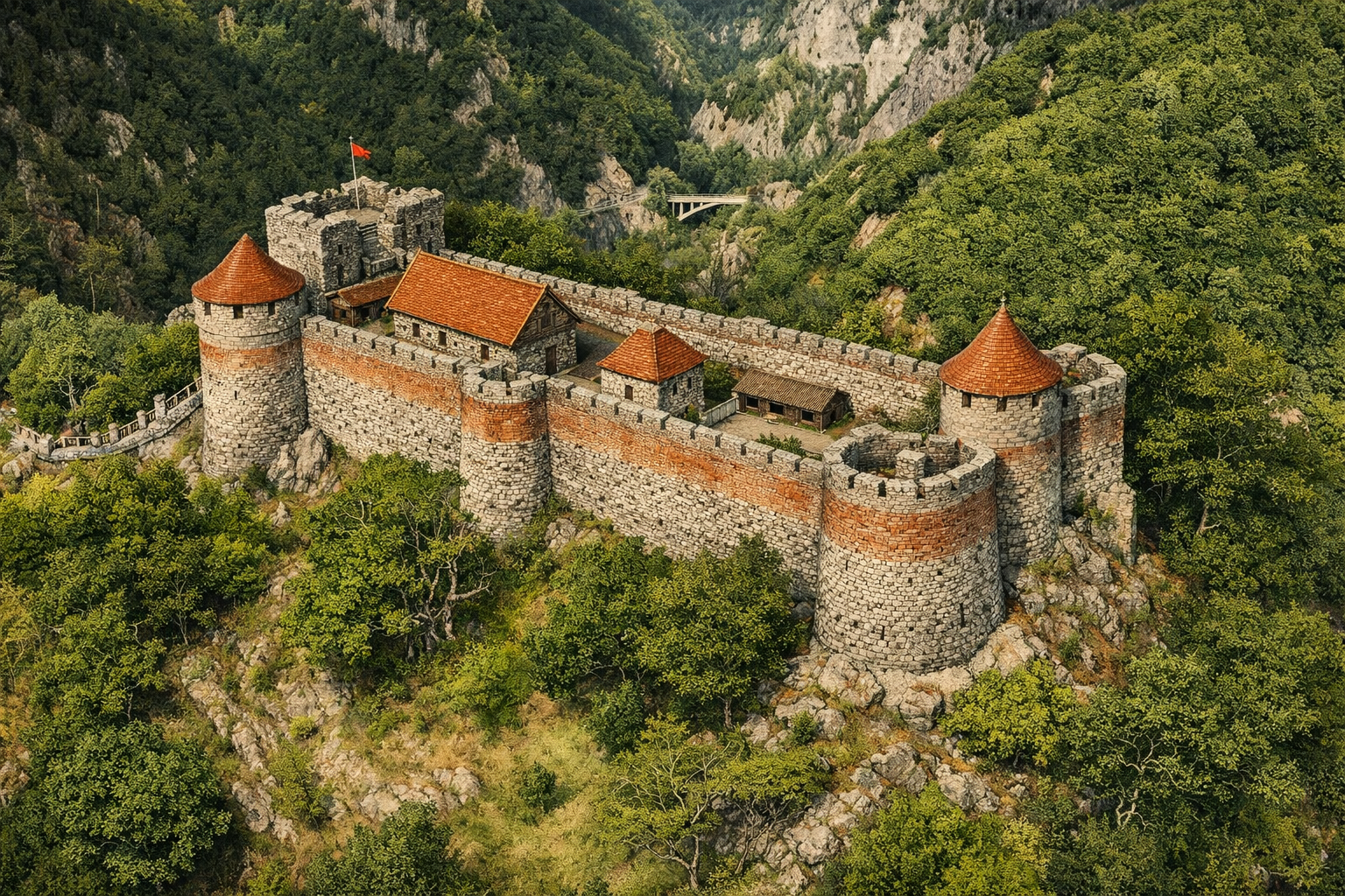 Historisch‑realistische Rekonstruktion der Poenari‑Zitadelle unter Vlad III., mit zwei Rundtürmen, quadratischem Signalturm, Zinnen, Wehrgängen, Bruchsteinmauern und roten Ziegelbändern auf steilem Felsgrat.