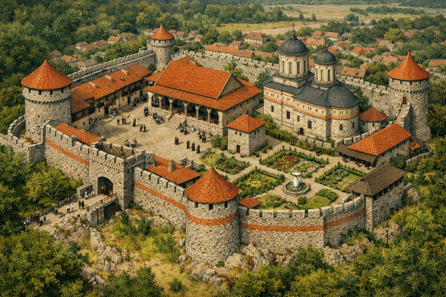 Historisch‑realistische Rekonstruktion des Fürstenhofs von Târgoviște, der Wohnsitz von Vlad III., mit Wohntrakten, Audienzsaal, Kapelle, Gärten und Wachtürmen innerhalb befestigter Steinmauern.