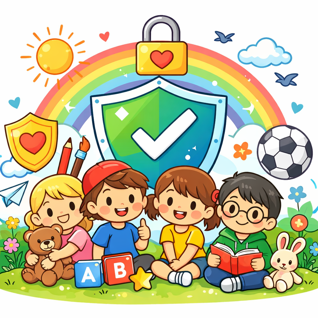Fröhliche Kinder unter einem bunten Schutzschild mit Herz und Häkchen – Symbol für Sicherheit, Vertrauen und Kinderschutz auf der Webseite Rodmar‑World