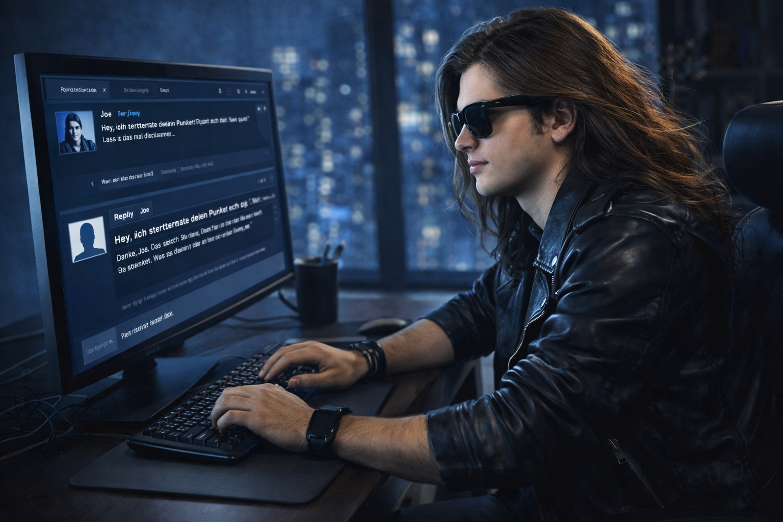 Joe, 17, sitzt am Schreibtisch und führt eine respektvolle Diskussion im Online‑Forum – cooler Rock‑Look mit Lederjacke und Gitarre im Hintergrund.